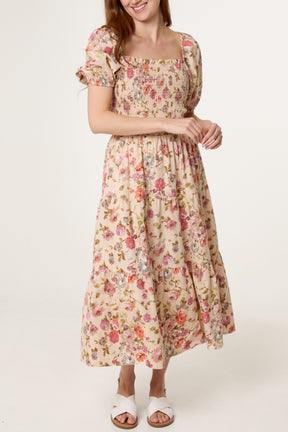 Floral Shirred Bust Puff Sleeve Dress