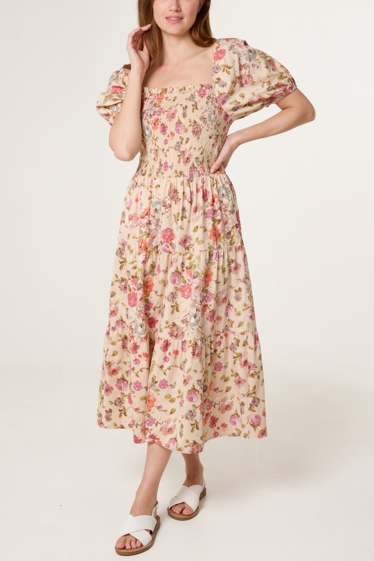 Floral Shirred Bust Puff Sleeve Dress