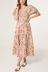 Floral Shirred Bust Puff Sleeve Dress