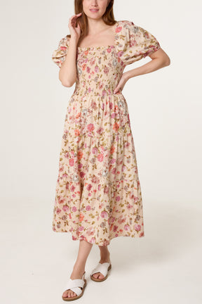 Floral Shirred Bust Puff Sleeve Dress