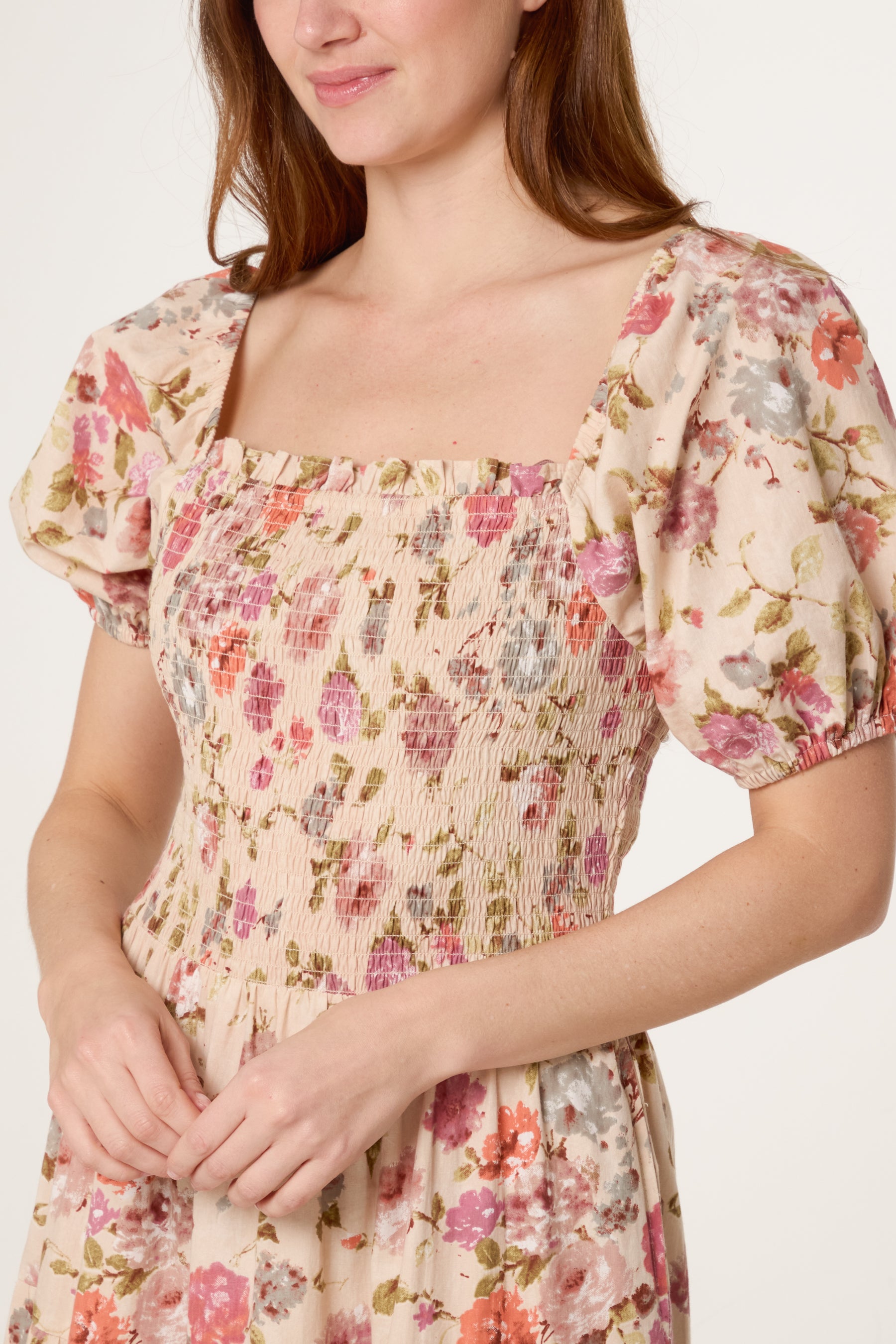 Floral Shirred Bust Puff Sleeve Dress