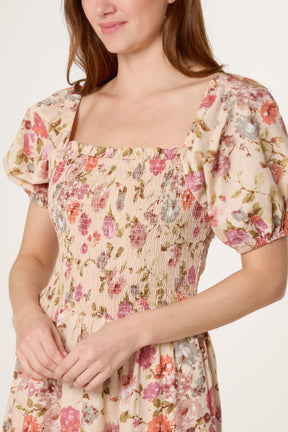 Floral Shirred Bust Puff Sleeve Dress