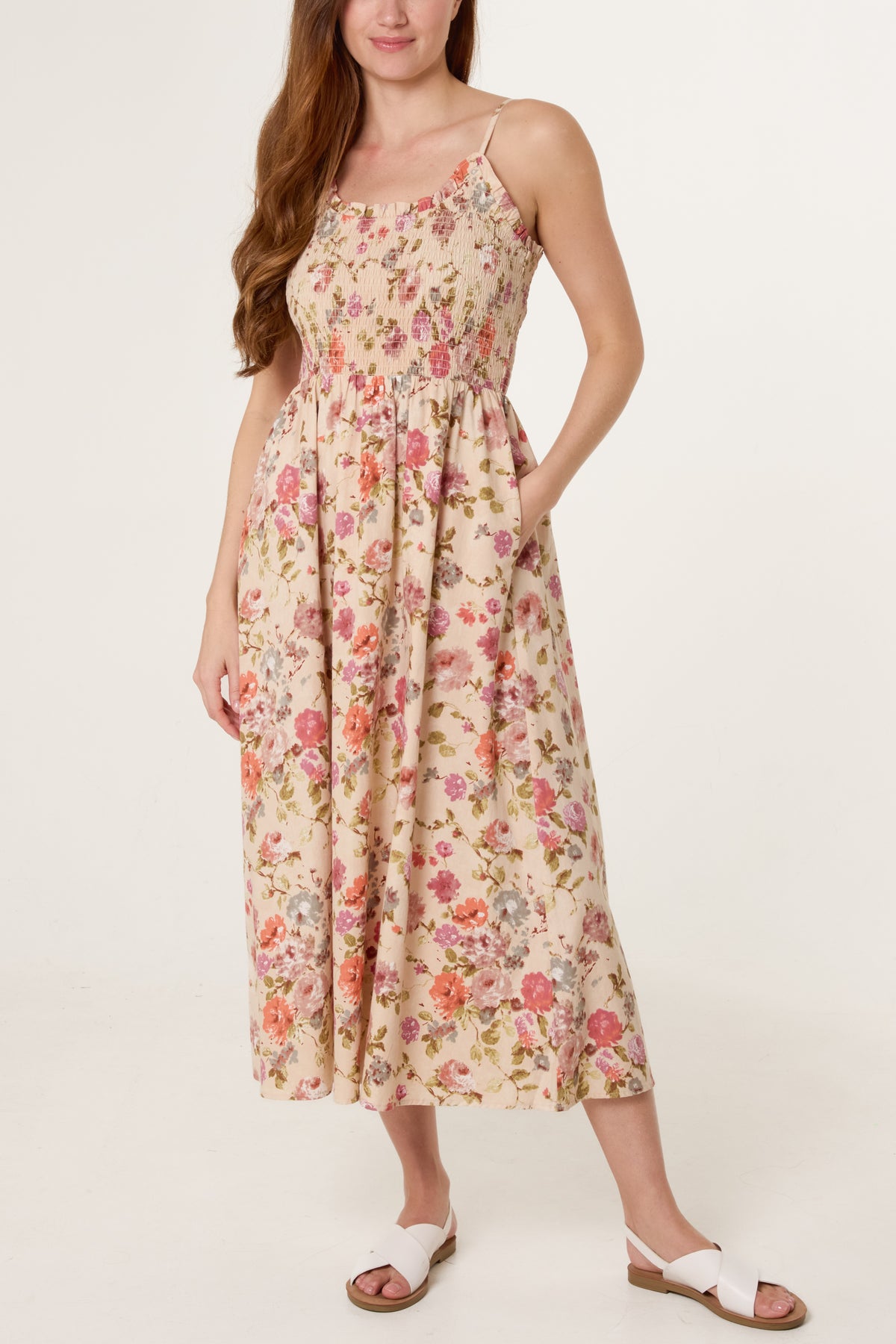 Floral Shirred Strappy Midi Dress
