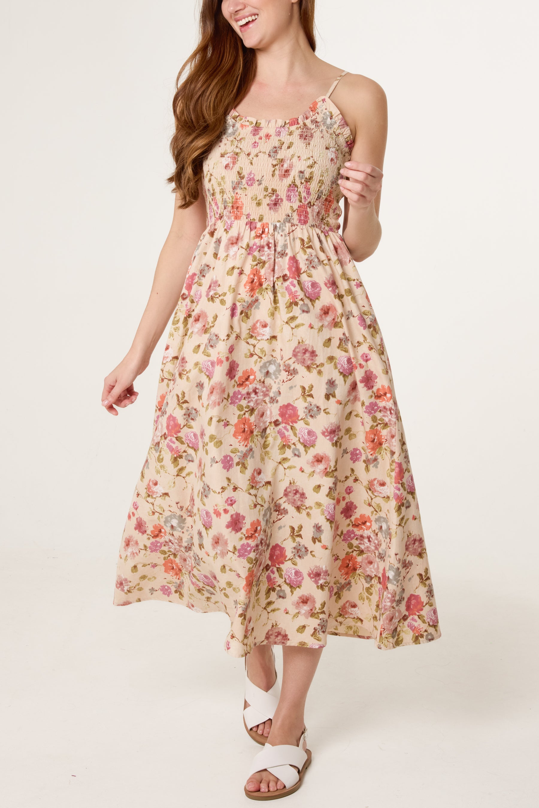 Floral Shirred Strappy Midi Dress