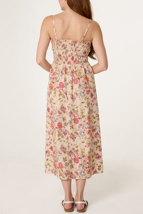 Floral Shirred Strappy Midi Dress