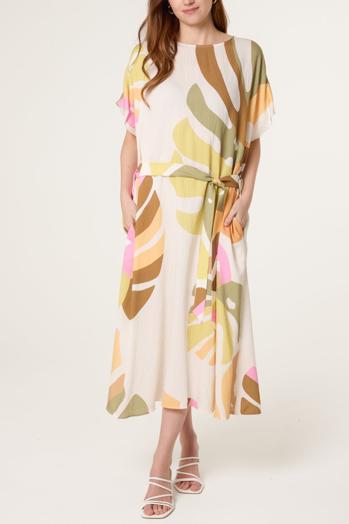 Abstract Leaf Belted Relax Dress