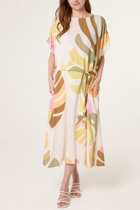 Abstract Leaf Belted Relax Dress