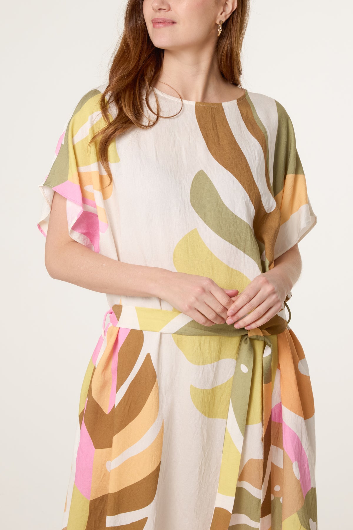 Abstract Leaf Belted Relax Dress