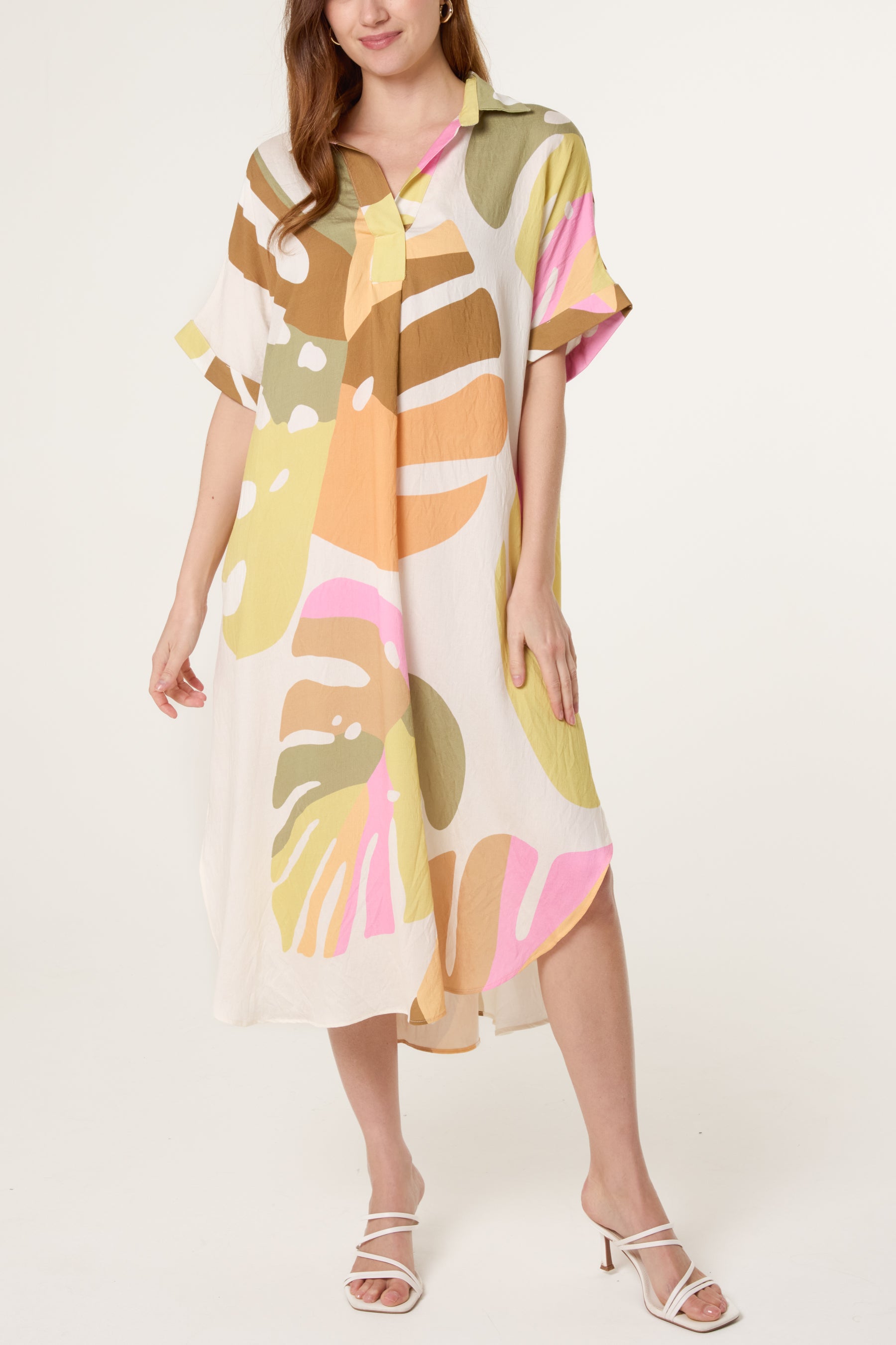 Abstract Leaf Open Collar Tunic Dress