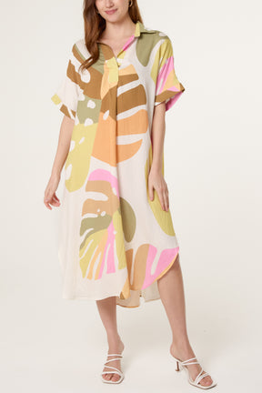 Abstract Leaf Open Collar Tunic Dress