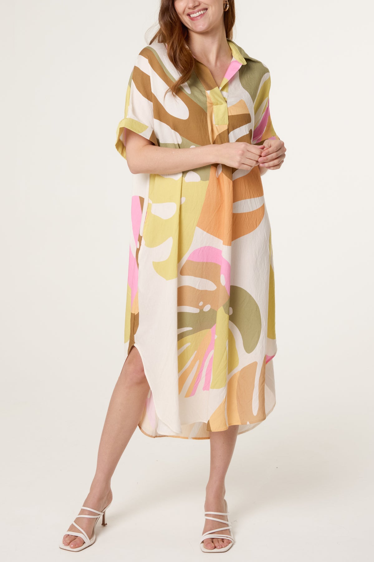 Abstract Leaf Open Collar Tunic Dress