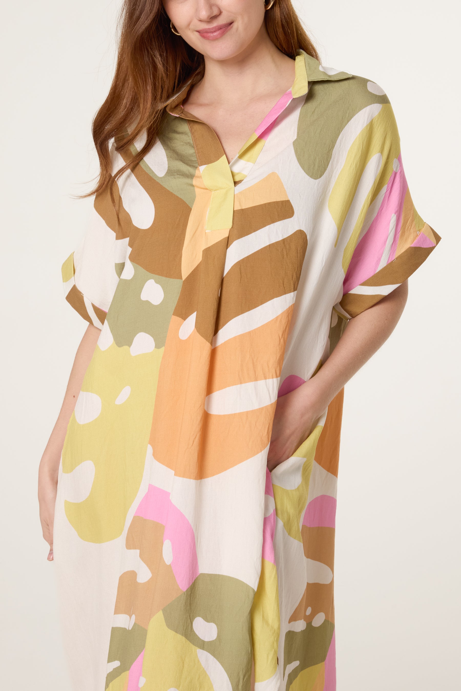 Abstract Leaf Open Collar Tunic Dress