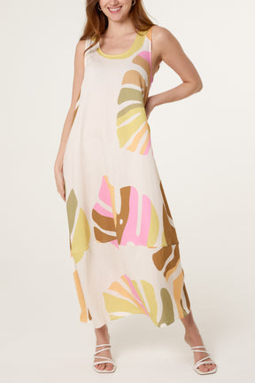 Abstract Leaf Scoop Neck Maxi Dress