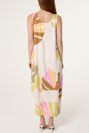 Abstract Leaf Scoop Neck Maxi Dress