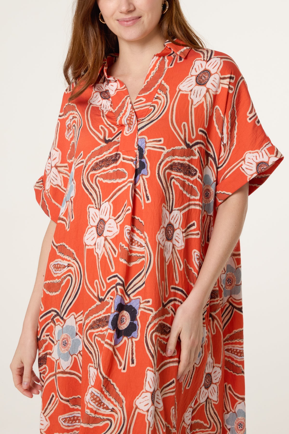 Floral Open Collar Tunic Dress