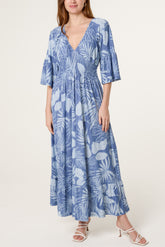 Leaf Print Stretch Empire Bust Dress