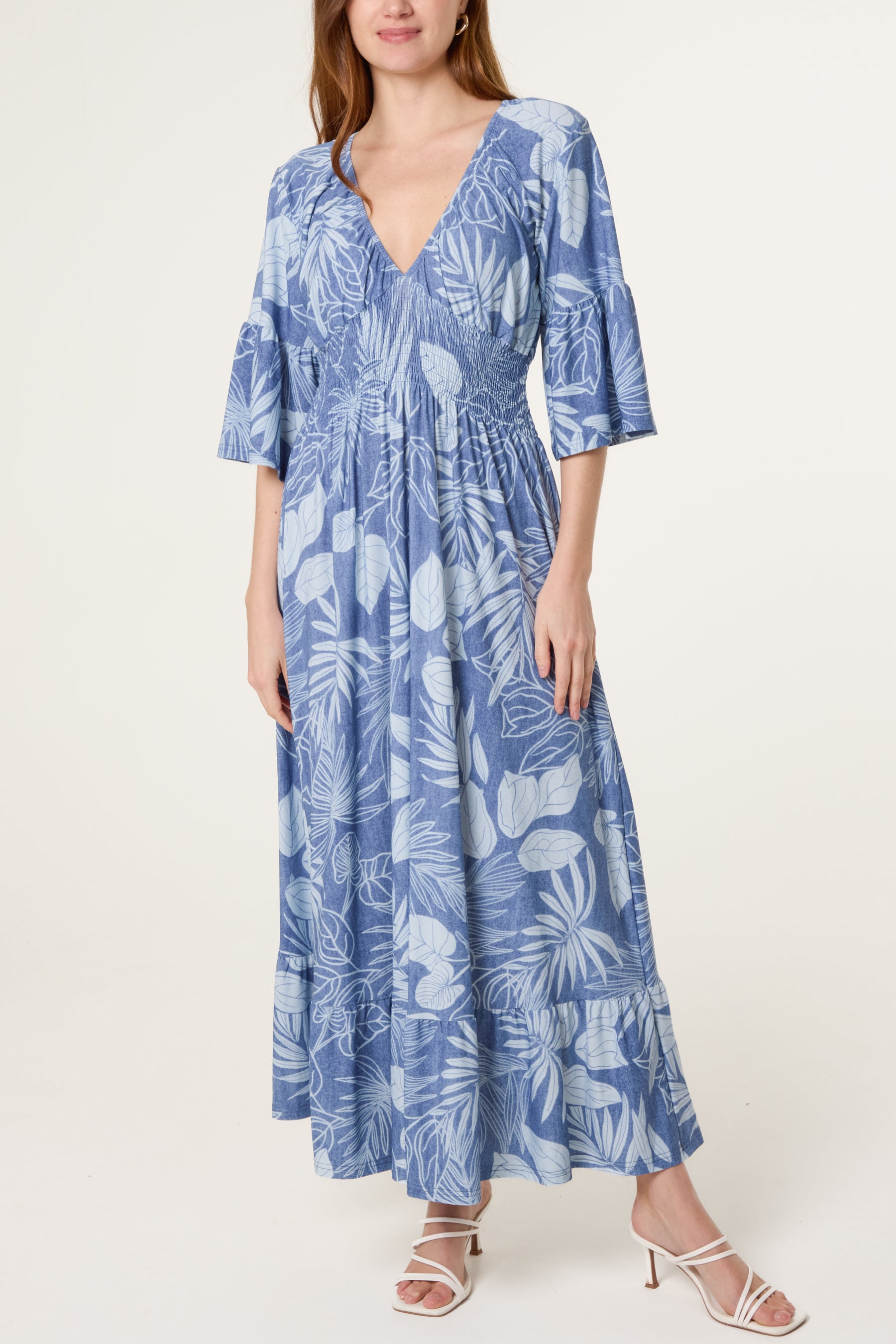 Leaf Print Stretch Empire Bust Dress