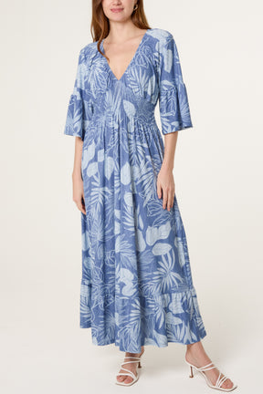 Leaf Print Stretch Empire Bust Dress
