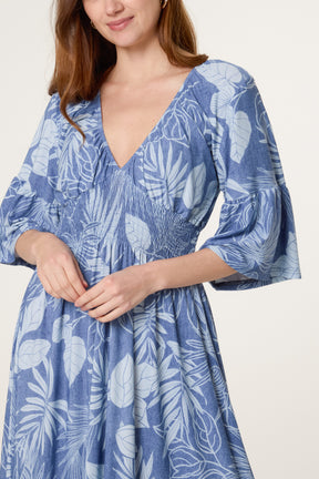 Leaf Print Stretch Empire Bust Dress