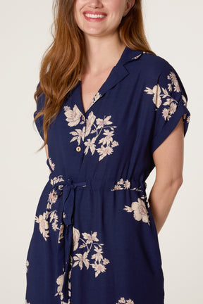 Floral Drawstring Waist Button Through Dress