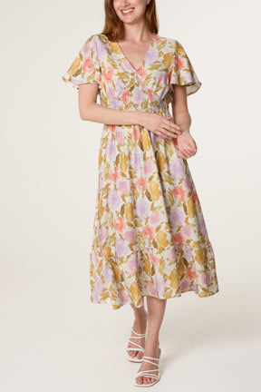 Floral Angel Sleeve Stretch Crepe Dress