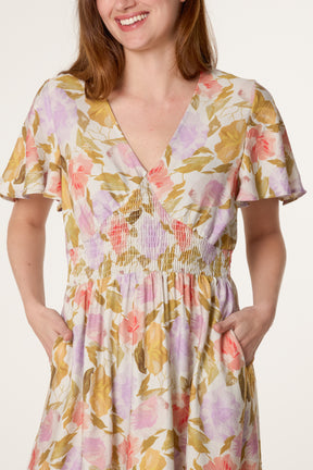 Floral Angel Sleeve Stretch Crepe Dress