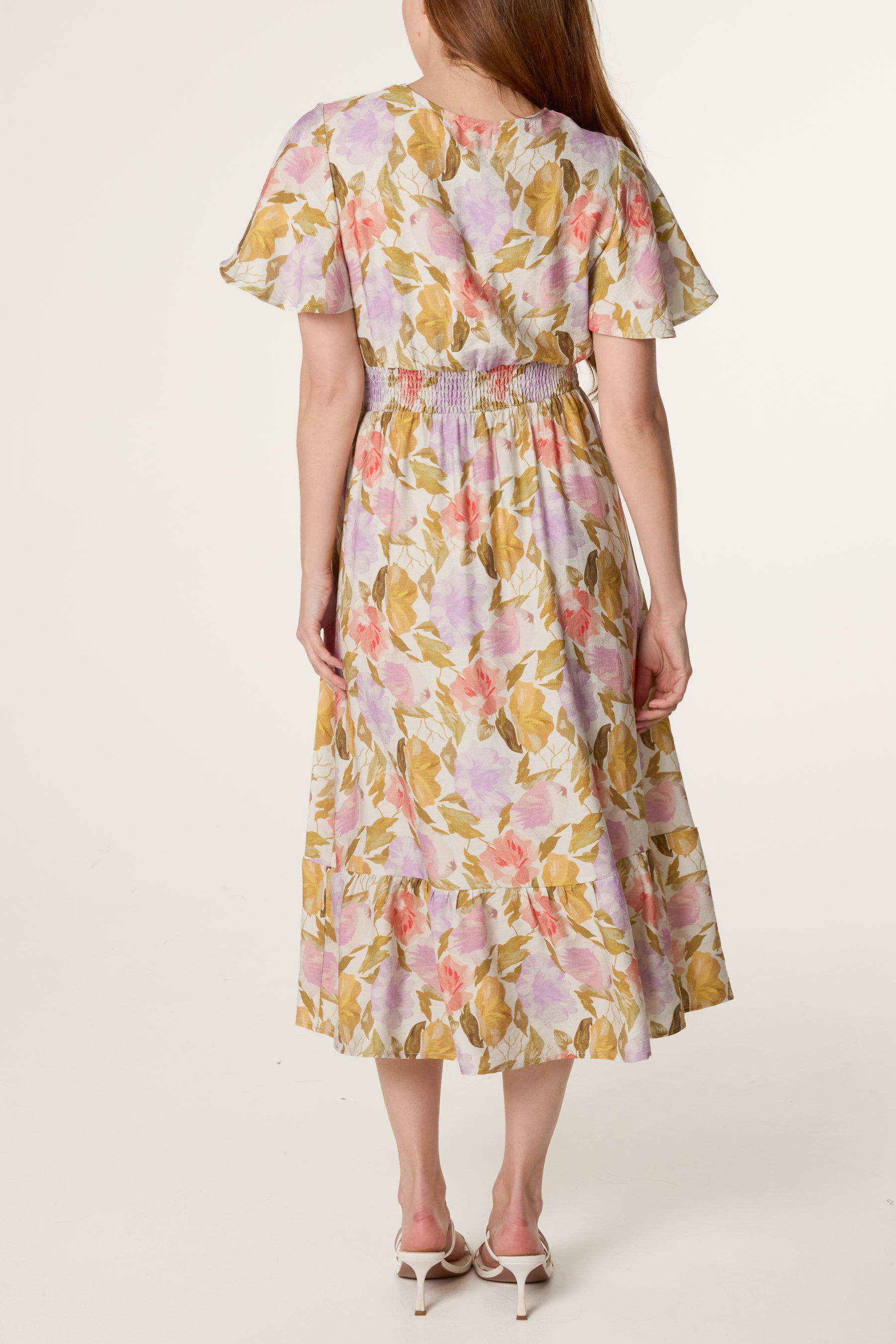 Floral Angel Sleeve Stretch Crepe Dress