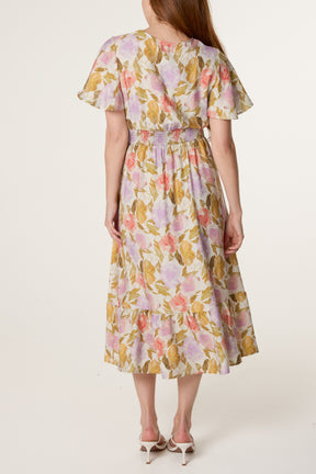 Floral Angel Sleeve Stretch Crepe Dress