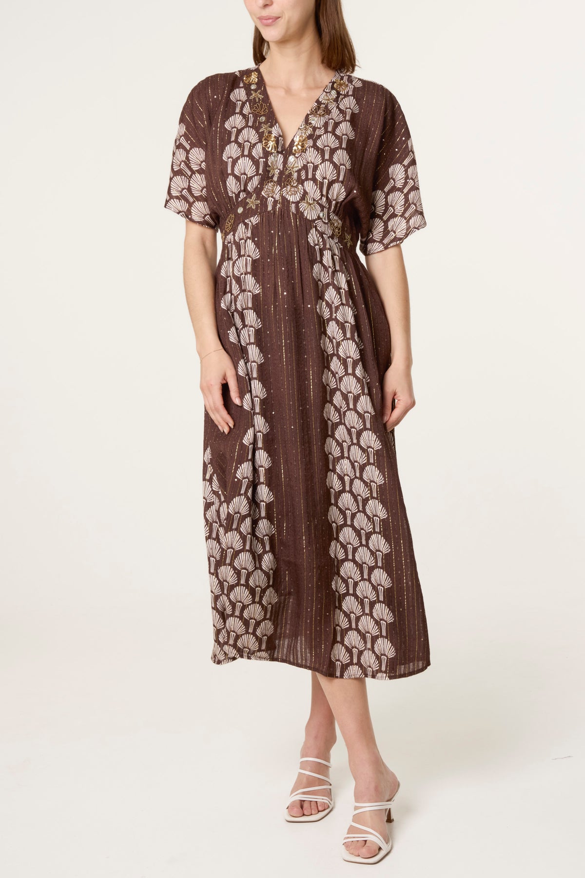 Shell Embroidered Embellished Midi Dress