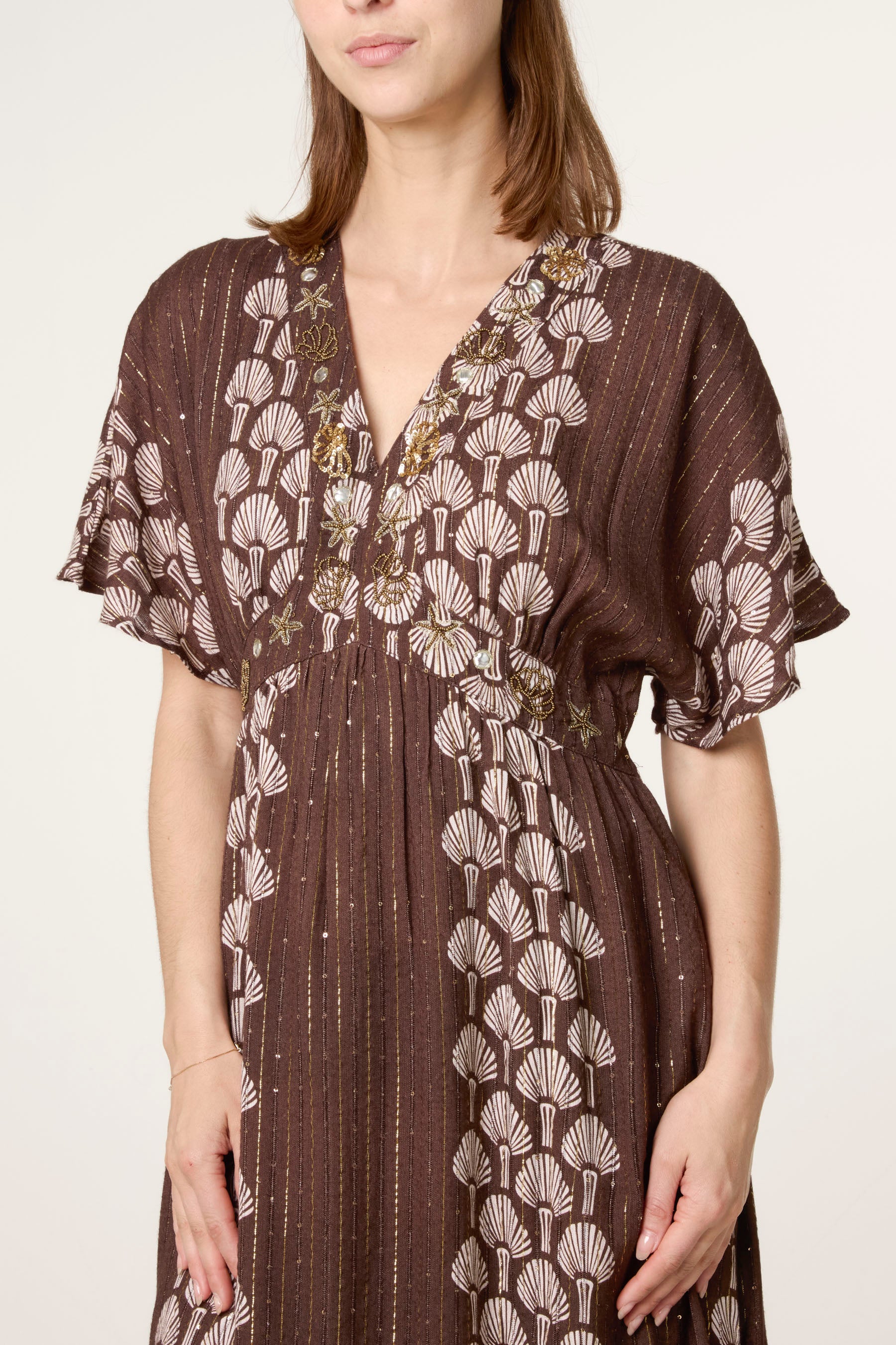 Shell Embroidered Embellished Midi Dress