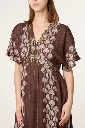 Shell Embroidered Embellished Midi Dress