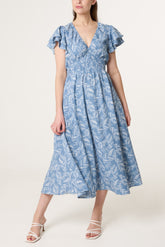 Shirred V-Neck Flutter Sleeve Leaf Dress