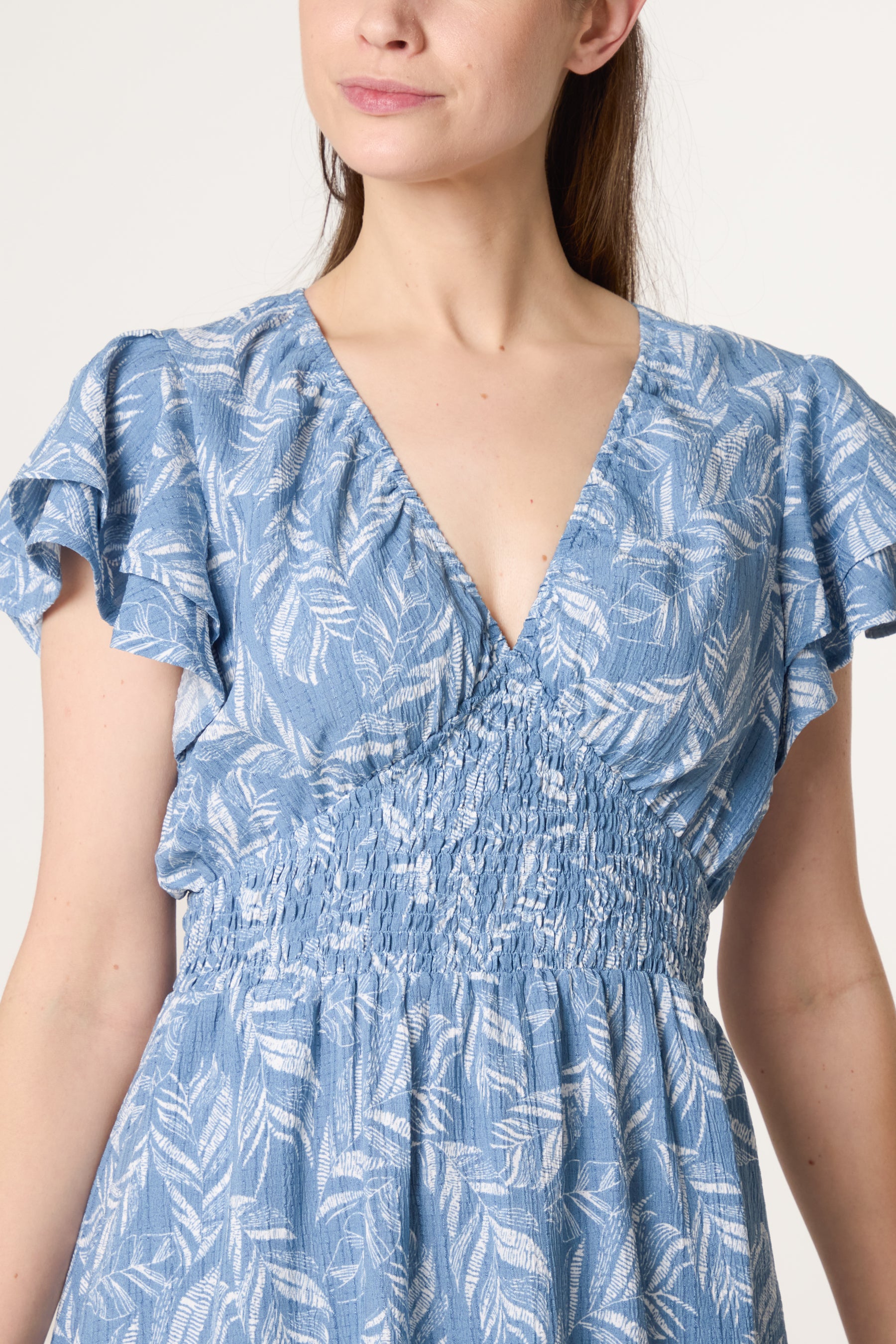 Shirred V-Neck Flutter Sleeve Leaf Dress