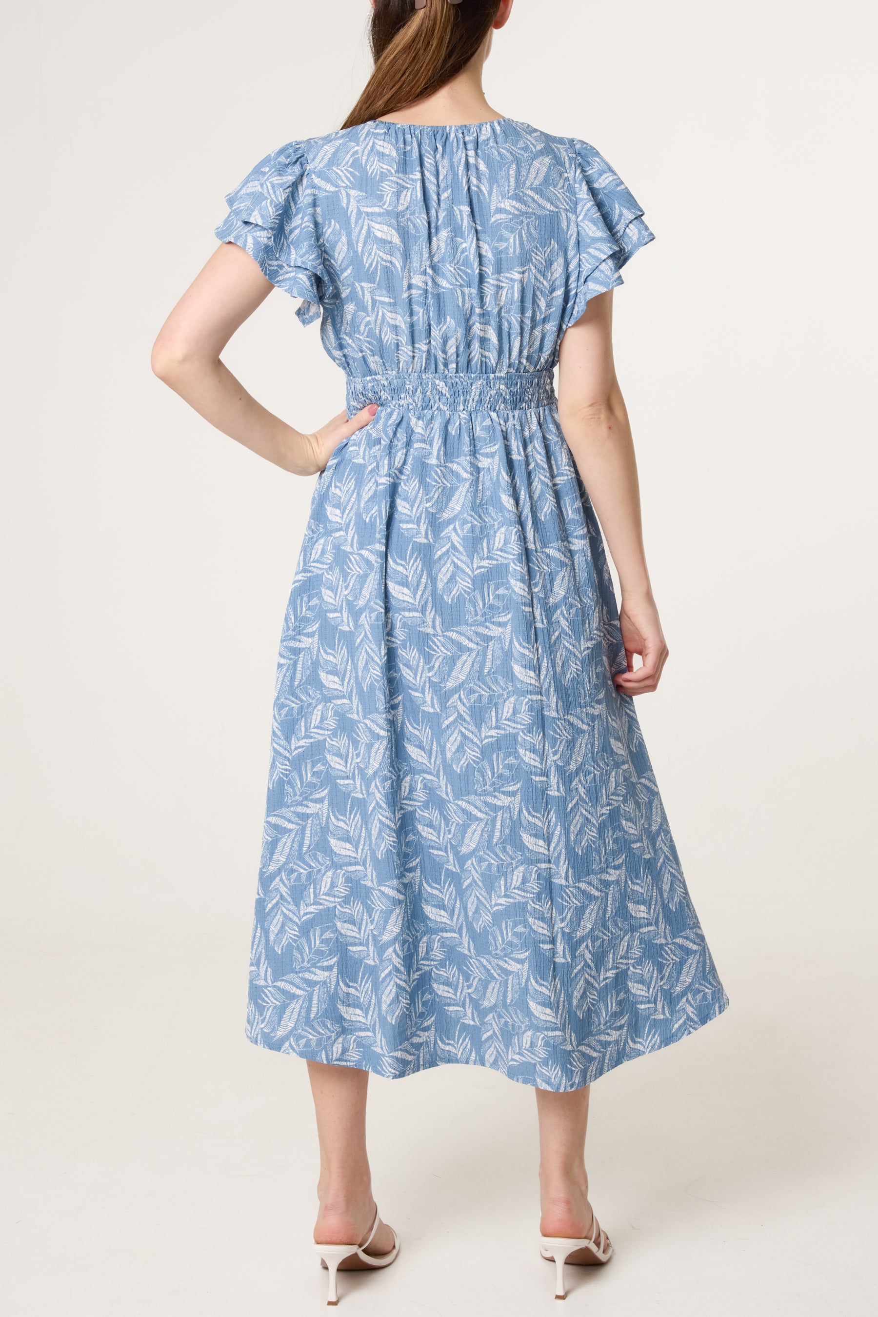Shirred V-Neck Flutter Sleeve Leaf Dress