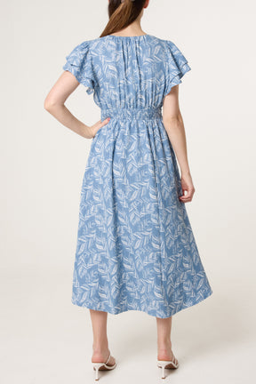 Shirred V-Neck Flutter Sleeve Leaf Dress