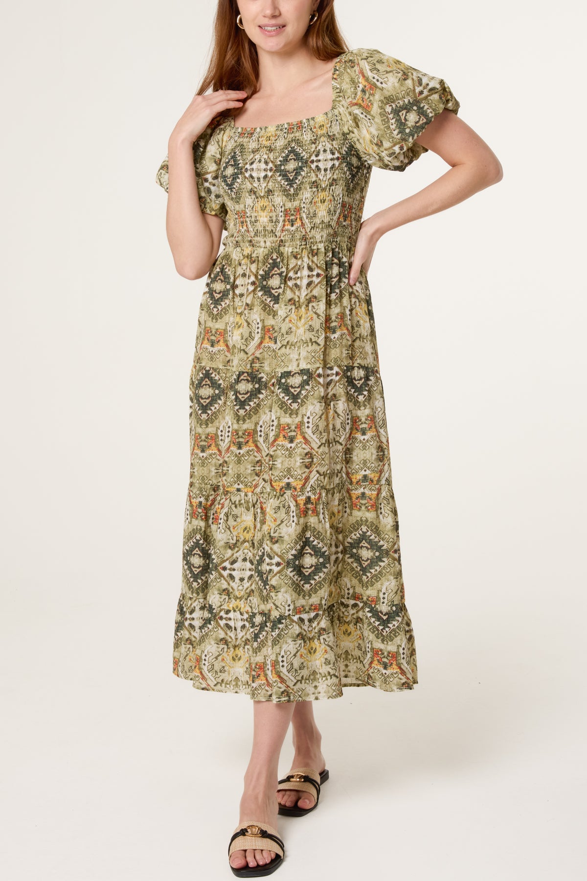 Aztec Shirred Bodice Puff Sleeve Dress