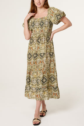 Aztec Shirred Bodice Puff Sleeve Dress