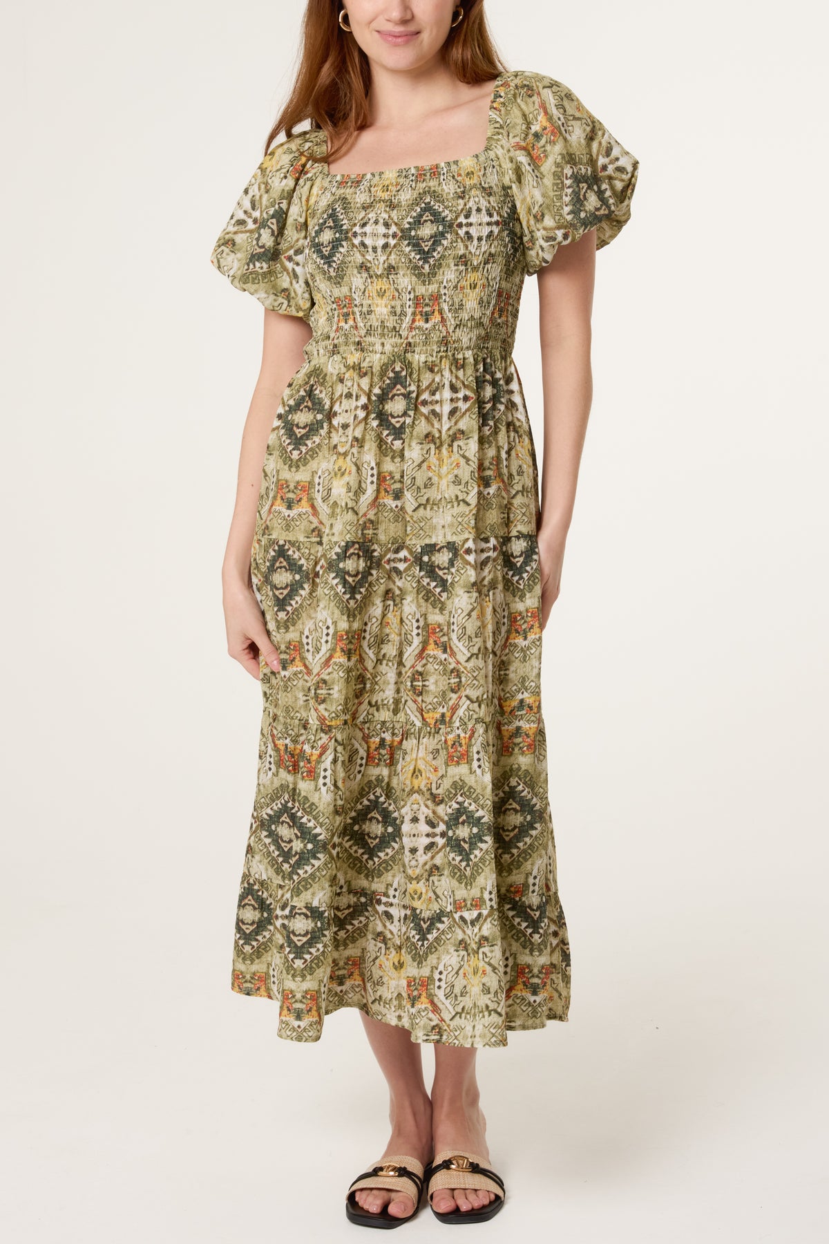 Aztec Shirred Bodice Puff Sleeve Dress