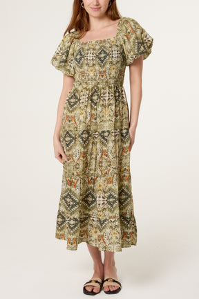 Aztec Shirred Bodice Puff Sleeve Dress