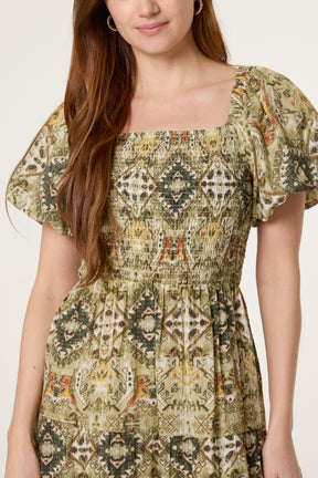 Aztec Shirred Bodice Puff Sleeve Dress