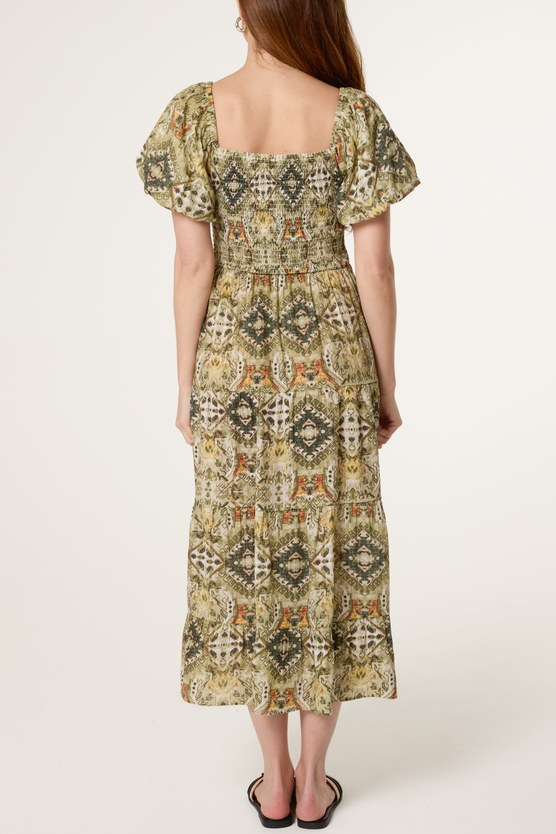 Aztec Shirred Bodice Puff Sleeve Dress