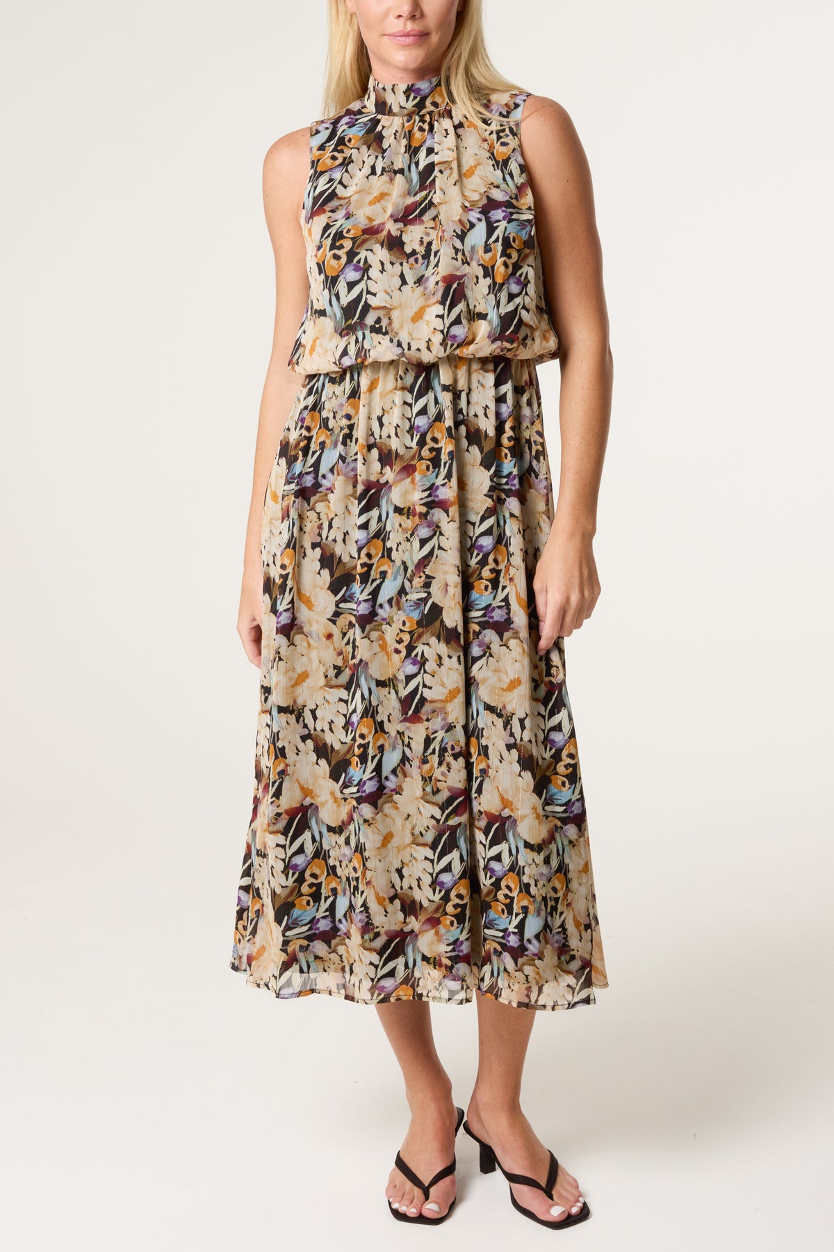 Floral Sleeveless Puffball Midi Dress