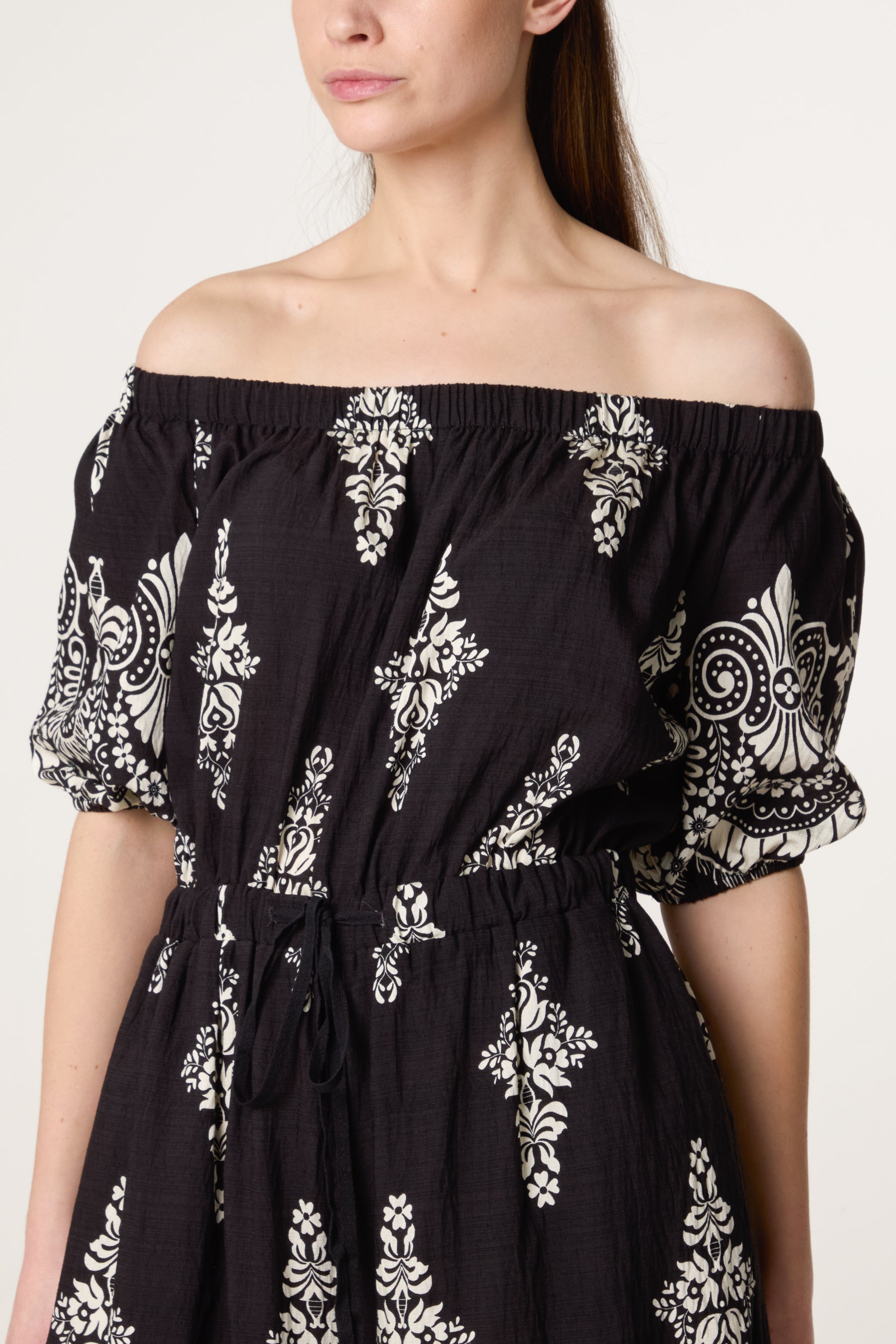 Damask Print Bardot Wide Leg Jumpsuit
