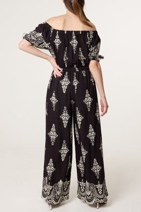 Damask Print Bardot Wide Leg Jumpsuit