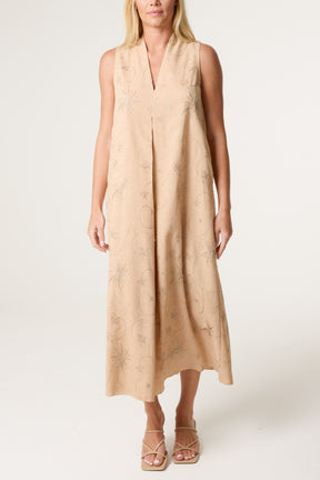 Pleat Sun Embroidered V Dress