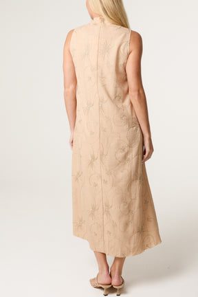 Pleat Sun Embroidered V Dress