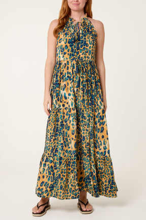 Embellished Halterneck Leopard Dress