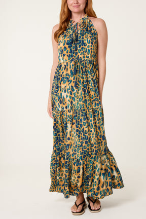 Embellished Halterneck Leopard Dress