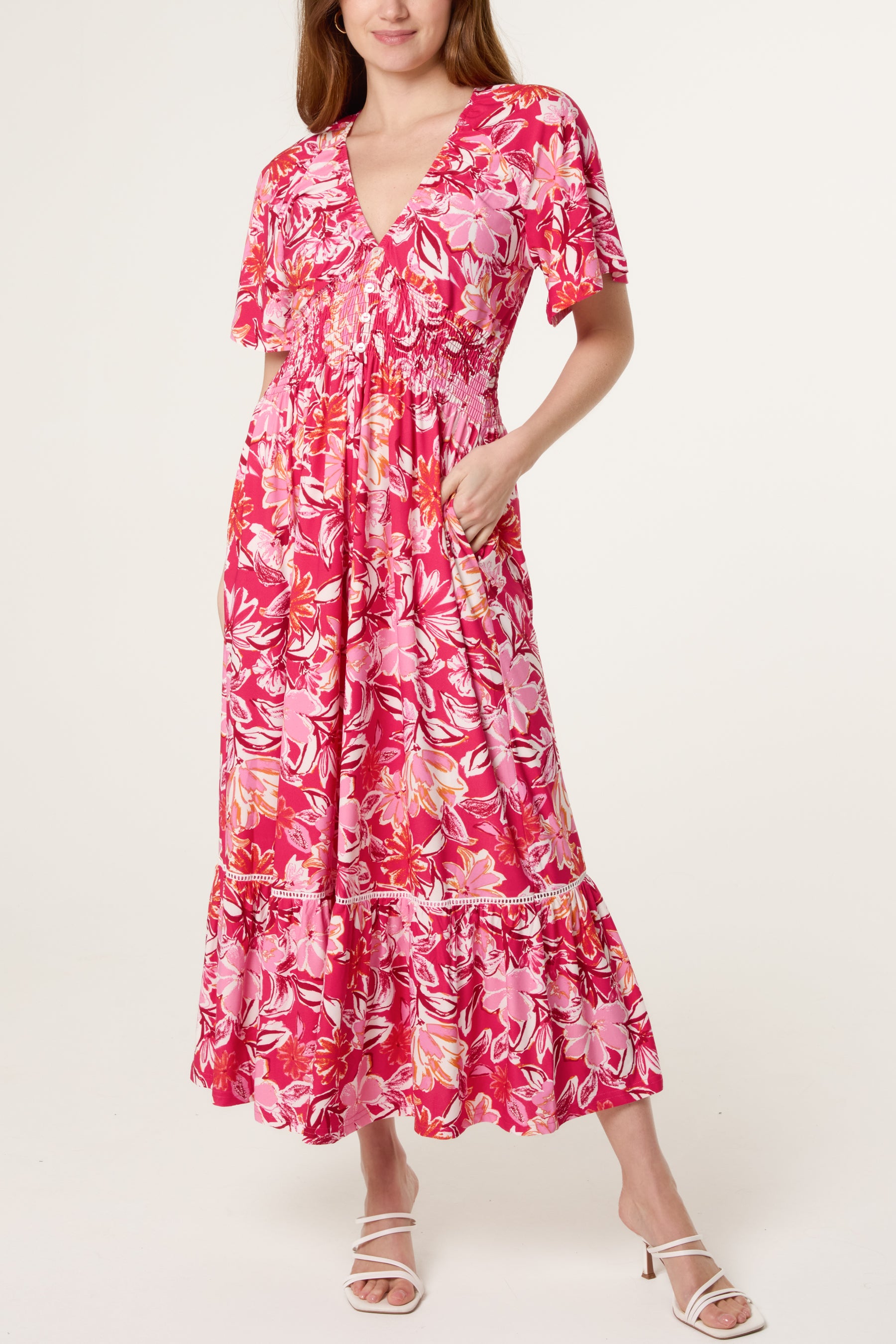Tropical Floral Stretch Crepe Button Dress
