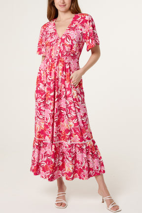 Tropical Floral Stretch Crepe Button Dress